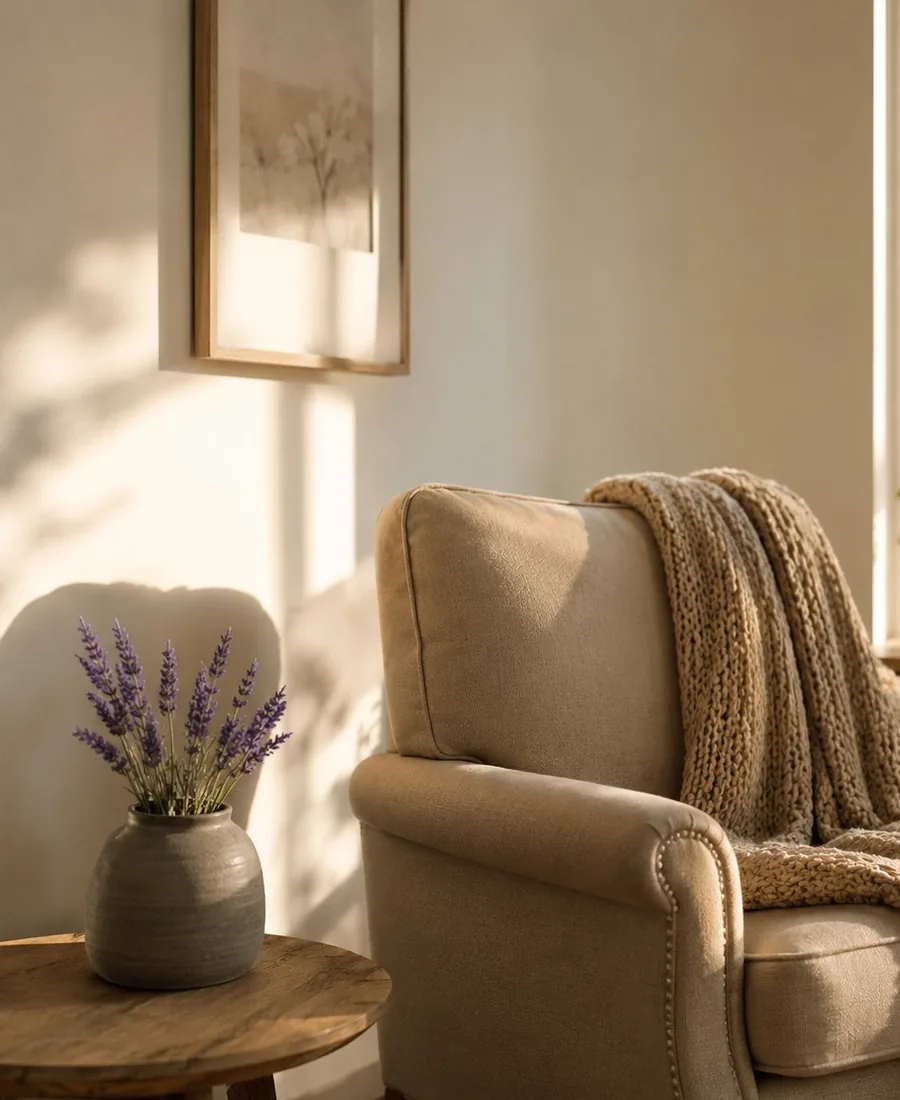 Sillón con manta de lana cálida y ramas de lavanda · representación visual de espacio seguro y refugio emocional