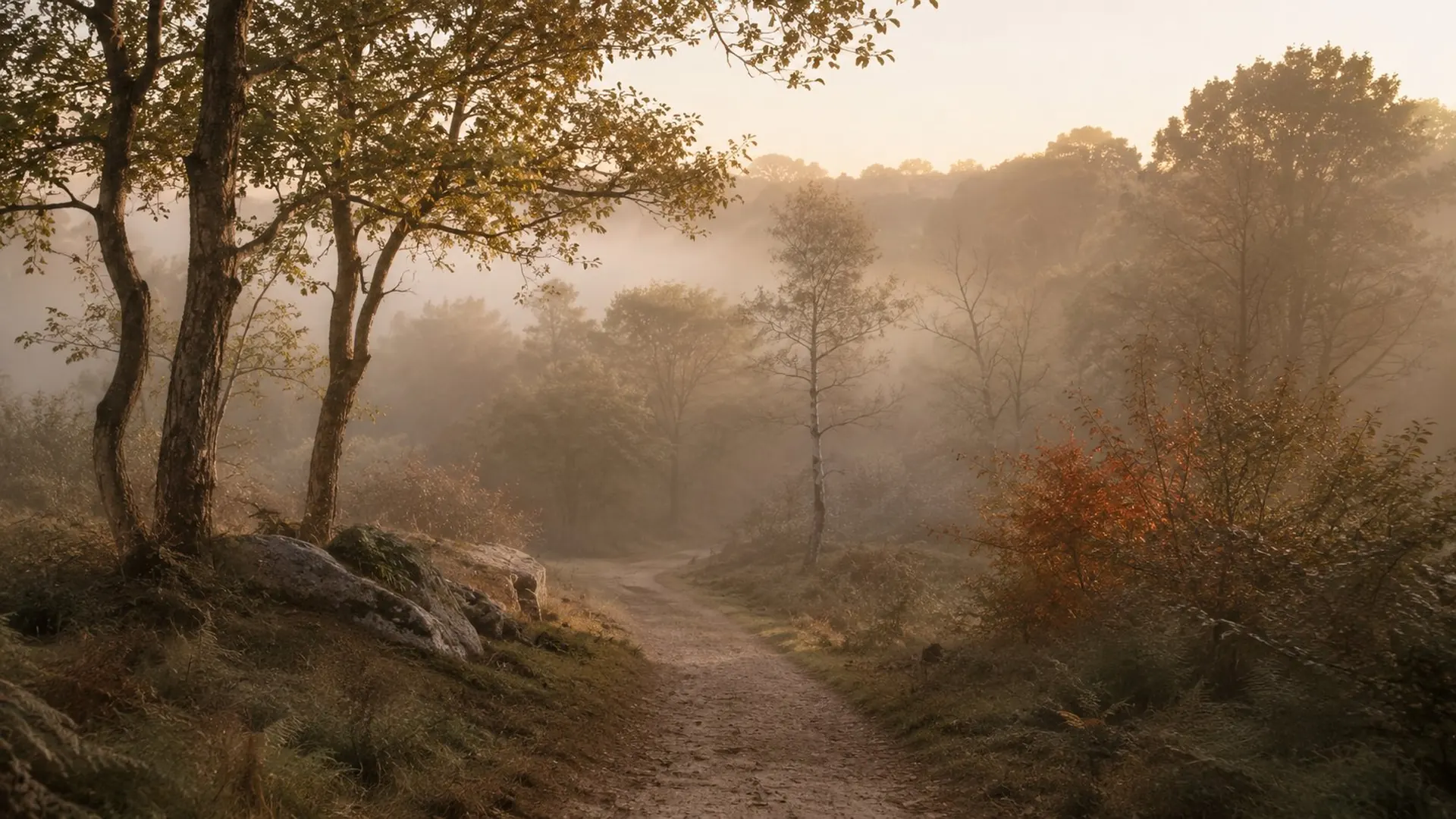 Sendero entre árboles con niebla matinal disipándose en luz dorada · símbolo visual de transición gradual y nuevas etapas posibles